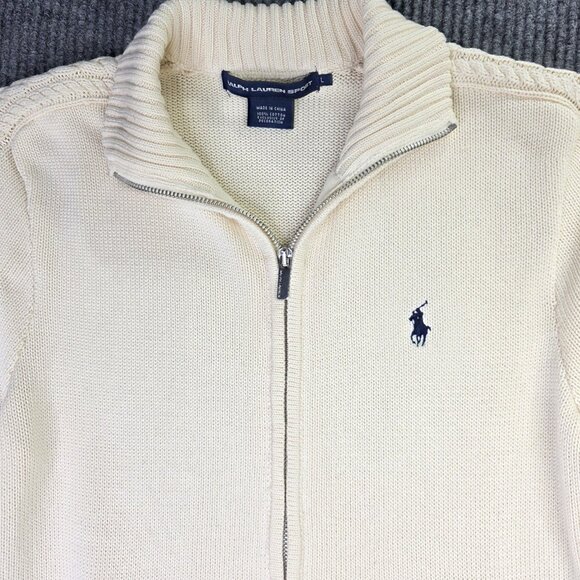 Ralph Lauren Sport Sweater Womens Large Cream Full Zip Cable Knit Cotton Logo - Picture 3 of 13